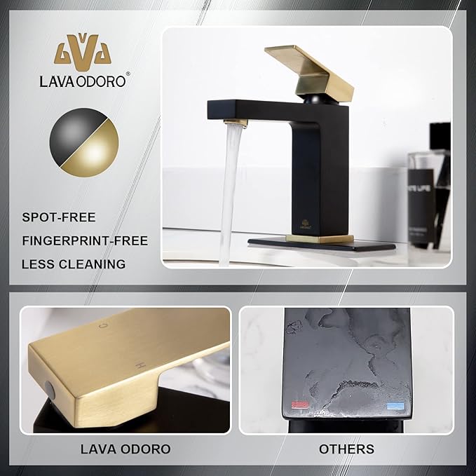 Lava Odoro Black and Gold Bathroom Faucet, Brass Single Hole Bathroom Sink Faucet Single Handle with Drain Assembly, Deck Plate Included, BF307-GB