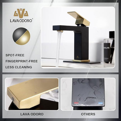 Lava Odoro Black and Gold Bathroom Faucet, Brass Single Hole Bathroom Sink Faucet Single Handle with Drain Assembly, Deck Plate Included, BF307-GB