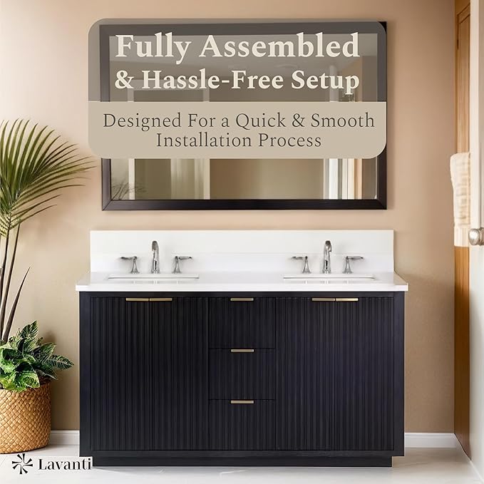 Lavanti Wooderna 60 Inch Bathroom Vanity with Sink – Stylish Firewood Black Vanity Bathroom with Storage Cabinet – Modern Bathroom Vanities with Double Vanity Sink & Quartz Countertop