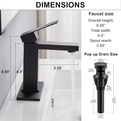 Matte Black Bathroom Faucet, Stainless Steel Single Handle Faucet with Pop Up Drain & Deck Plate, Fits 1 or 3 Hole Countertop, Single Hole Bathroom Installation, Ideal for Vanity & Lavatory Sinks