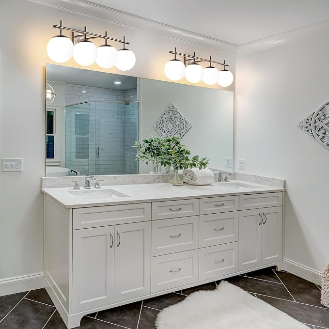 AIJIASI Bathroom Vanity Light, 4-Light Brushed Nickel Vanity Lights, 30.7 Inch Modern Bathroom Light Fixtures with Milky White Glass Globe Shade, Vanity Lighting Fixtures Over Mirror Wall Sconce