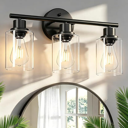 3-Light Black Vanity Lights, E26 Modern Bathroom Light Fixtures with Clear Glass Shade, Wall Lamps for Mirror Kitchen Hallway Cabinet Living Room Sconces Lights