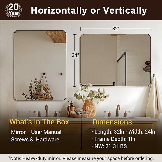 Brushed Champagne Bronze Mirrors for Bathroom Sink, 24x32 Inch Bathroom Vanity Mirror with Rectangular Metal Frame-Modern Clean Design with Superior Stainless Steel Frame