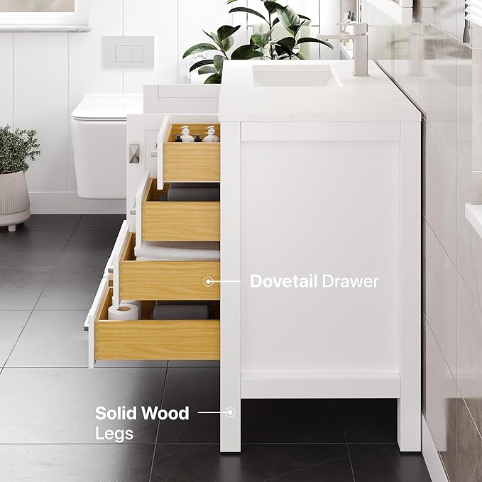 Eviva London 42 in. White Single Sink Bath Vanity with Carrara Quartz Top and Left Porcelain Sink