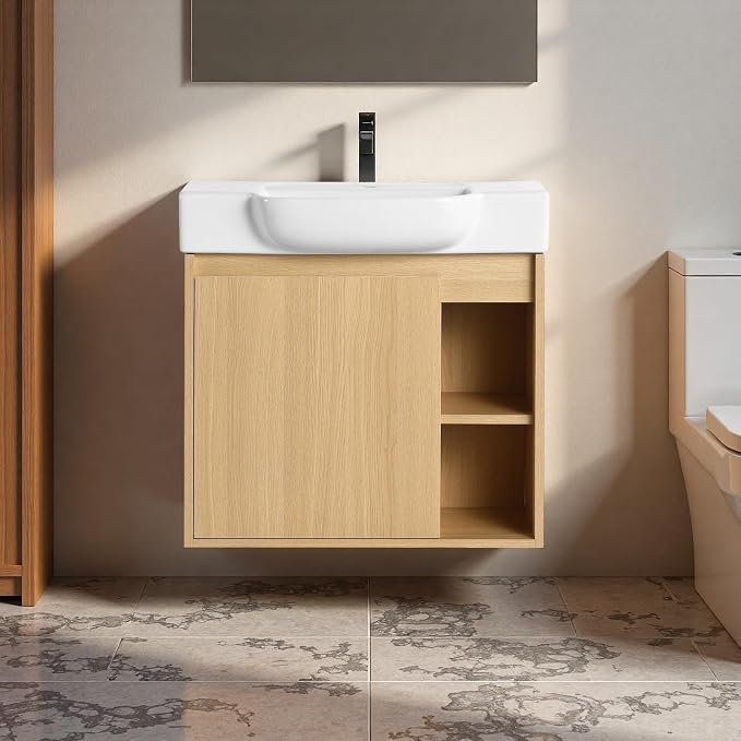 24" Bathroom Vanity with Ceramic Sink, Farmhouse Cabinet, Light Oak | Ceramic Sink, Soft-Close Door, Interior Compartment and 2-Tier Open Side Shelves, 45° Inclined Edge Handle