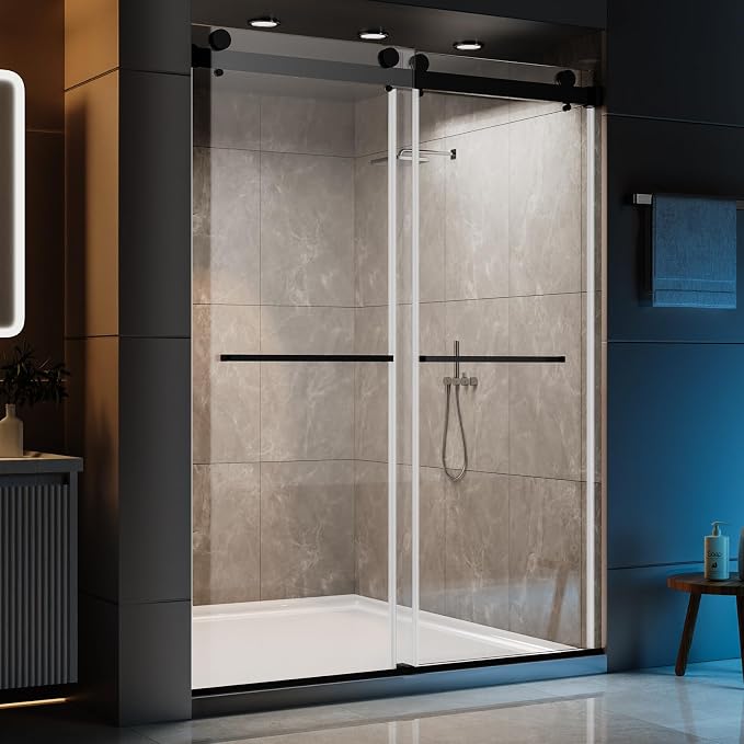 56–60" W × 78" H Frameless Sliding Glass Shower Door, 3/8" (10mm) Thick Tempered Glass, Stainless Steel Hardware, Double Sliding Shower Doors for Walk in Shower, Matte Black