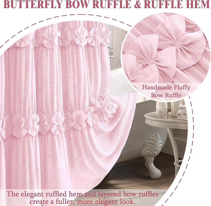 Ruffle Farmhouse Linen Shower Curtain with Vintage Pink Linen 72" W x 72" H | Linen Blend Fabric, Ruffle Bow and Ruffled Hem，Linen Texture，Machine Washable，12 Metal Holes and Plastic Hooks