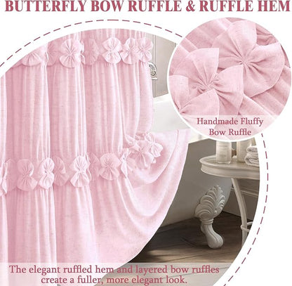 Ruffle Farmhouse Linen Shower Curtain with Vintage Pink Linen 72" W x 72" H | Linen Blend Fabric, Ruffle Bow and Ruffled Hem，Linen Texture，Machine Washable，12 Metal Holes and Plastic Hooks