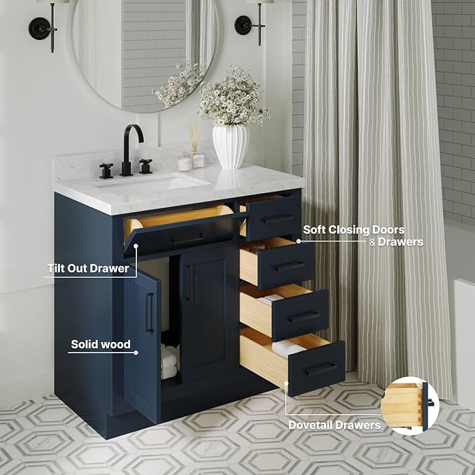 ARIEL Hepburn 36-inch Bathroom Vanity Base Cabinet,Solid Wood, 2 Soft Closing Doors, 5 Dovetail Drawers, Midnight Blue