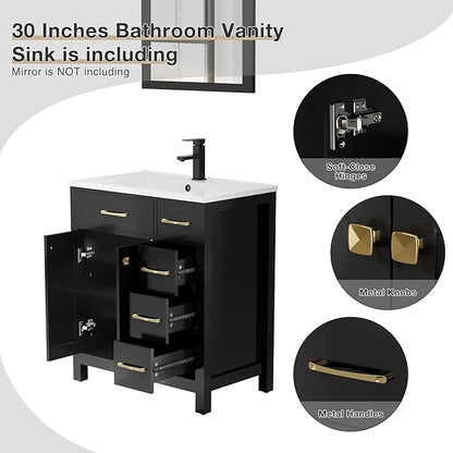 LUCKWIND 30" Modern Bathroom Vanity with Sink, Painted Storage Cabinet with Undermounted Sink, Two Doors and Three Drawers, Include Faucet Without Mirror, Black