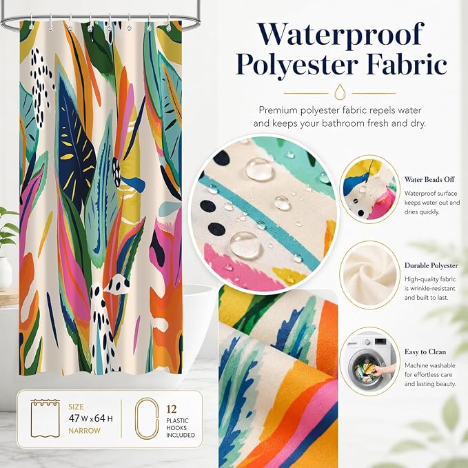 Colorful Abstract Shower Curtain, Floral Boho Modern Asthetic Plant Bathroom Curtain, Waterproof Polyester Fabric Shower Curtain Set with Hooks 47x64 Inch