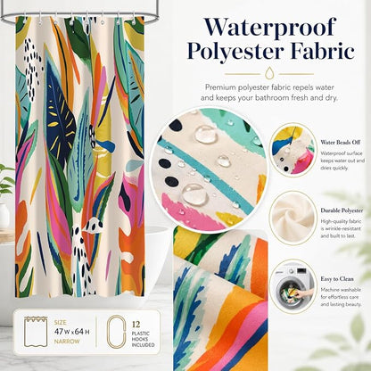 Colorful Abstract Shower Curtain, Floral Boho Modern Asthetic Plant Bathroom Curtain, Waterproof Polyester Fabric Shower Curtain Set with Hooks 47x64 Inch
