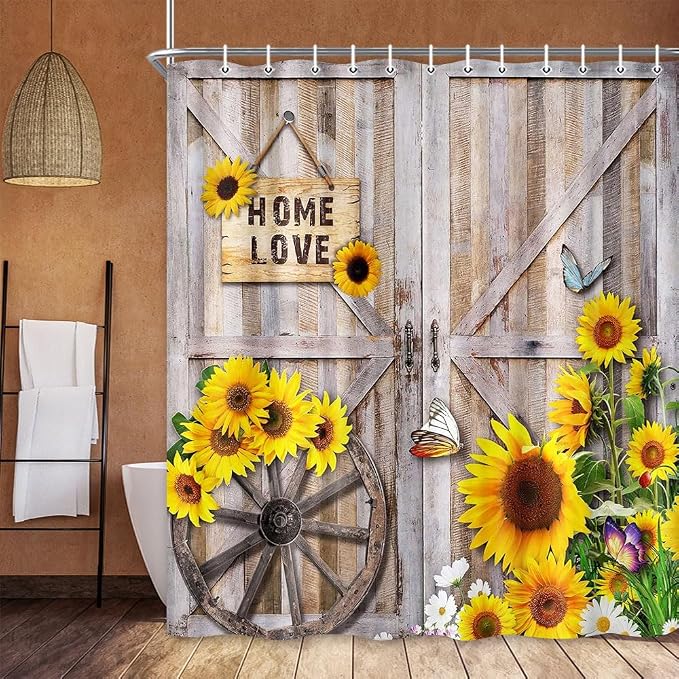 Rustic Spring Summer Sunflowers Butterfly Shower Curtain for Bathroom, Wooden Board Western Barn Door Farmhouse Bath Curtain, Fabric Vintage Daisy Floral Botanical Decor Curtain with Hooks 70X70IN