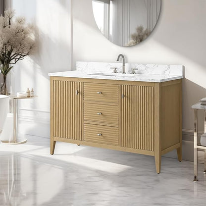 Vanity Art 48 inch Oak Bathroom Vanity with Single Sink & Ceramic Top, Vanity Cabinet with Soft-Closing Door, Solid Wood Frame, Linear Pattern, Natural Oak, VA9148-NO-MB,Matte Black Handles