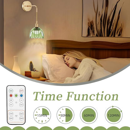 Battery Operated Wall Sconce CCT Dimmable Wireless Sconcesm Vintage Light Fixture with Green Tulip Glass Lampshade Wall Decor Set for Living Room Bedroom Bedside Bathroom 1PC Green