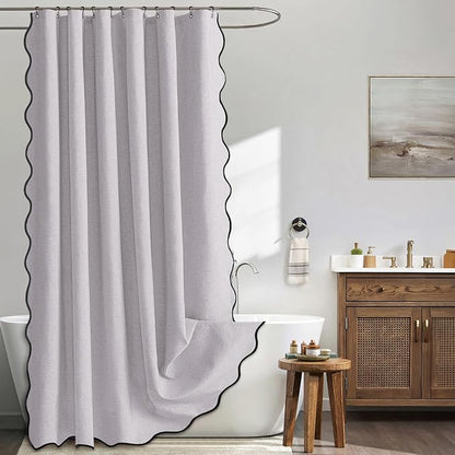 MIULEE Lavender Scalloped Linen Shower Curtain 72x72 Inches | Linen Textured, Waterproof, Washable, 12 Metal Hooks, Heavy Duty Cloth, Black Border, Shower Curtain for Bathroom Bathtub