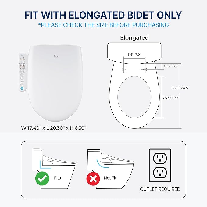Inus N21 Electric Heated Bidet Toilet Seat Elongated, Warm Water, Smart Heated Water Luxury Bidet Toilet Seat with Kids Mode, Self Cleaning Nozzle, Tankless, Smart Touch Panel & Temperature Control