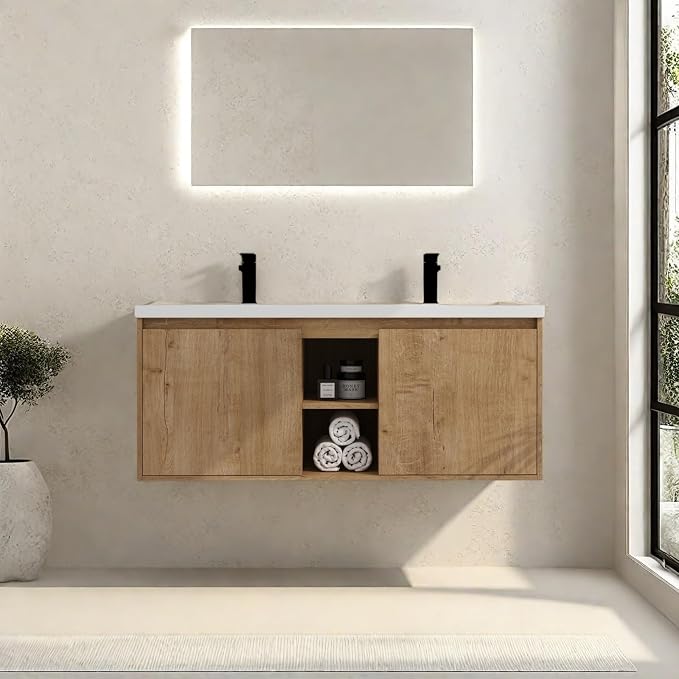 Floating Bathroom Vanity, 48" Bathroom Storage Cabinet with Double Resin Sinks, 2 Soft-Close Doors & 2 Open Storage Shelves, Modern Wall-Mounted Vanity with 45° Bevel Handles, Oak