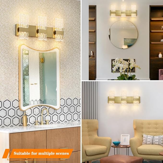 Modern Brushed Gold 6-Lights Bathroom Vanity Light, Eleglant Brass LED Bathroom Light Fixtures Over Mirror, Dimmable Acrylic Shade Wall Lighting Fixtures, Hardwired Wall Light(H9.25in, L21.26in)