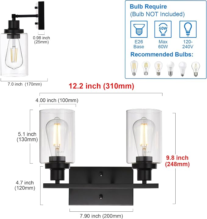 MELUCEE 2-Light Black Wall Sconce Industrial Vintage with Clear Glass Shade | Bathroom Vanity Lights Hallway Light Fixture Sconces Wall Lighting (Patent No.: US D963914 S)