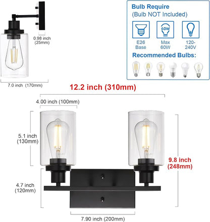 MELUCEE 2-Light Black Wall Sconce Industrial Vintage with Clear Glass Shade | Bathroom Vanity Lights Hallway Light Fixture Sconces Wall Lighting (Patent No.: US D963914 S)