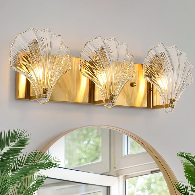 Bathroom Light Fixtures, 3-Lights Vanity Lights Over Mirror, Modern Bathroom Wall Light with Clear Shell Shaped Glass Shades, Gold Wall Sconces for Bedroom Living Room Kitchen Hallway