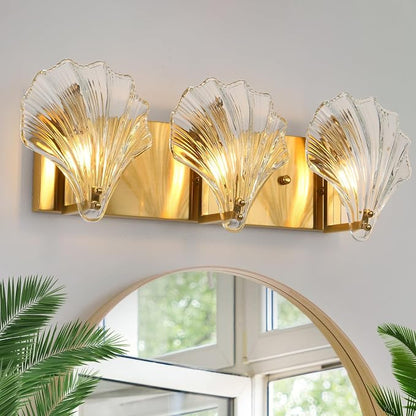 Bathroom Light Fixtures, 3-Lights Vanity Lights Over Mirror, Modern Bathroom Wall Light with Clear Shell Shaped Glass Shades, Gold Wall Sconces for Bedroom Living Room Kitchen Hallway