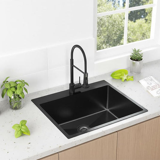 KINGO HOME 22x18 Inch Black Kitchen Sink,Drop In 16 Gauge RV Small Kitchen Bar Sinks,Stainless Steel Topmount Outdoor Prep Single Bowl Workstation Wet Bar Sink with Stainless Steel Strainer