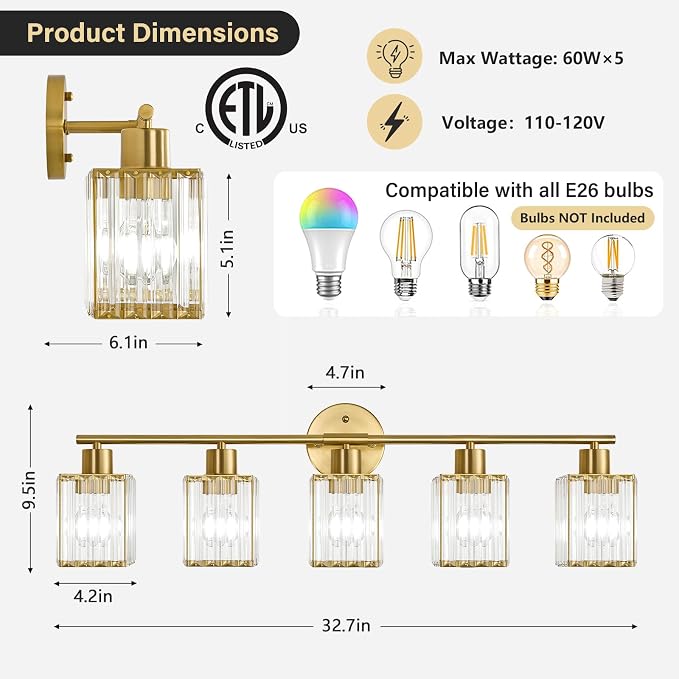 5 Light Bathroom Light Fixtures, Modern Crystal Vanity Lights over Mirror | Metal Frame, Bathroom Light with Square Crystal Shade, ETL Certified, E26 Ceramic Socket, Bulbs Not Included