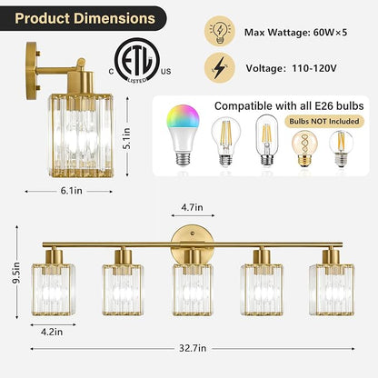 5 Light Bathroom Light Fixtures, Modern Crystal Vanity Lights over Mirror | Metal Frame, Bathroom Light with Square Crystal Shade, ETL Certified, E26 Ceramic Socket, Bulbs Not Included