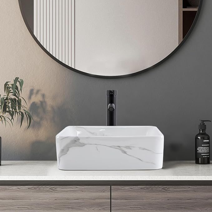 Bathroom Vessel Sink Combo with Faucet and Pop-up Drain, 16" x 12" Rectangular Porcelain Ceramic Basin with White Marble Pattern, Above Counter Sink for Vanity
