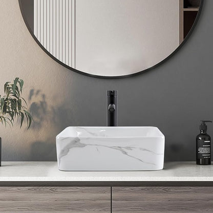 Bathroom Vessel Sink Combo with Faucet and Pop-up Drain, 16" x 12" Rectangular Porcelain Ceramic Basin with White Marble Pattern, Above Counter Sink for Vanity