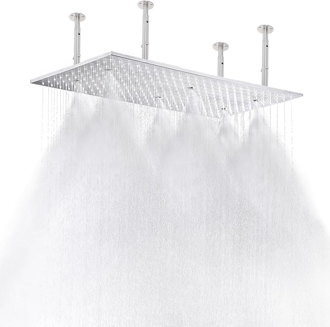 2-Functions Luxury High Pressure Rain Shower Head, 16"x32" Large Ceiling Full Body Shower Head with Silicone Nozzles Rectangle Mist Showerhead, Brushed Nickel Finish