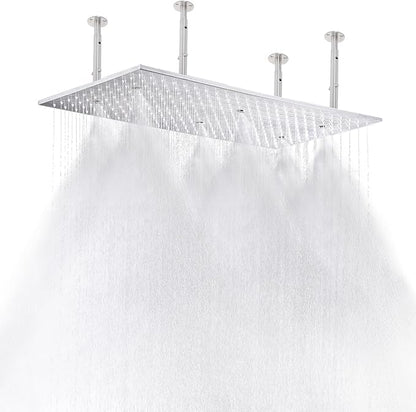 2-Functions Luxury High Pressure Rain Shower Head, 16"x32" Large Ceiling Full Body Shower Head with Silicone Nozzles Rectangle Mist Showerhead, Brushed Nickel Finish