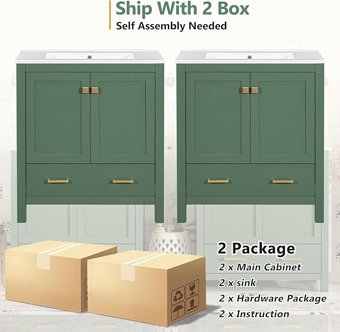 LZ LEISURE ZONE 60" Bathroom Vanity Set with Double Vanities (Separate), Double Ceramic Sinks, Storage Shelf, and Divided Drawers (Mirror not Included), Green