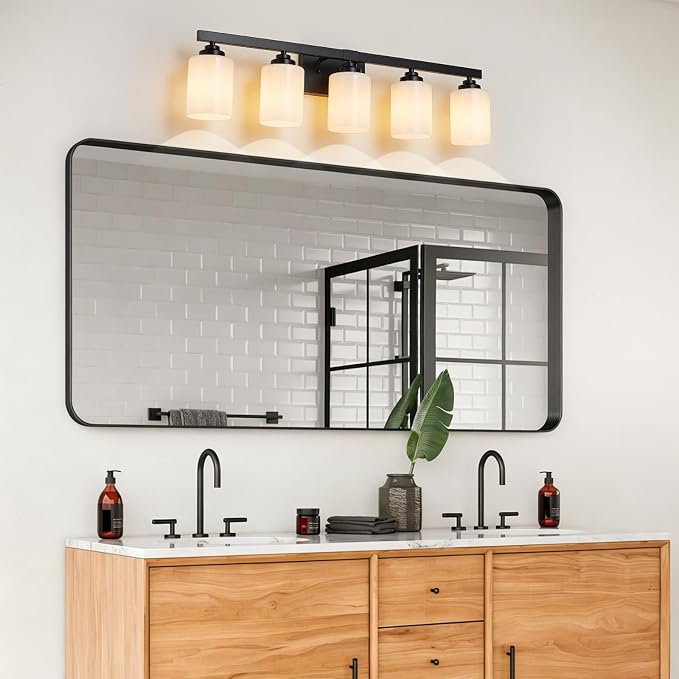 Bathroom Light Fixtures, Vanity Light Over Mirror Black 5-Light Fixture | Modern bathroom vanity light fixture with metal frame, ideal for mirrors, bedrooms and hallways. Fits E26 bulbs.