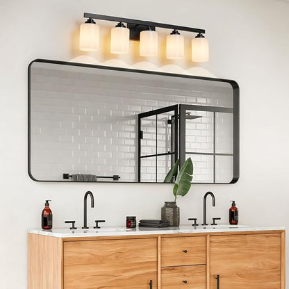 Bathroom Light Fixtures, Vanity Light Over Mirror Black 5-Light Fixture | Modern bathroom vanity light fixture with metal frame, ideal for mirrors, bedrooms and hallways. Fits E26 bulbs.