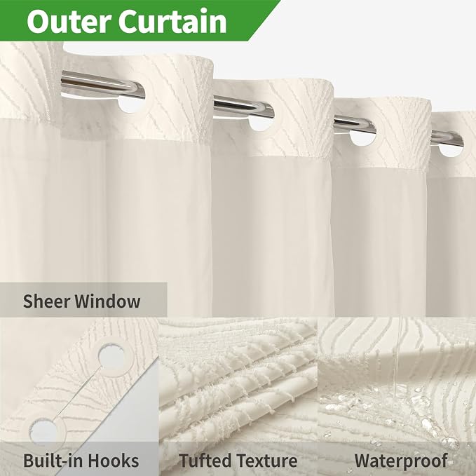 eachope no Hook Shower Curtain and Liner Set，Boho Style with See Through Top Window, Cream Fabric Tufted Striped Textured Outer Curtain & Waterproof Inner Liner, Beige/Cream, 71Wx86H