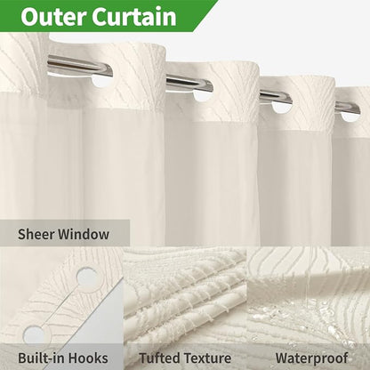 eachope no Hook Shower Curtain and Liner Set，Boho Style with See Through Top Window, Cream Fabric Tufted Striped Textured Outer Curtain & Waterproof Inner Liner, Beige/Cream, 71Wx86H