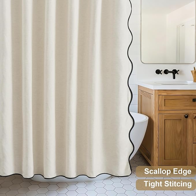 ORTIGIA Scalloped Shower Curtain Linen Textured with Metal Hooks, Waterproof Fabric Neutral Thick Cloth Cute Scallop Shower Curtains with Black Border for Rustic Farmhouse Bathroom Decor 72x72 Inch