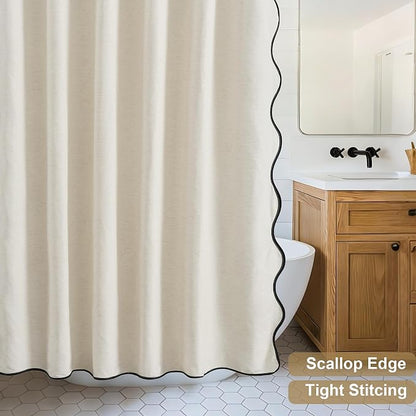 ORTIGIA Scalloped Shower Curtain Linen Textured with Metal Hooks, Waterproof Fabric Neutral Thick Cloth Cute Scallop Shower Curtains with Black Border for Rustic Farmhouse Bathroom Decor 72x72 Inch