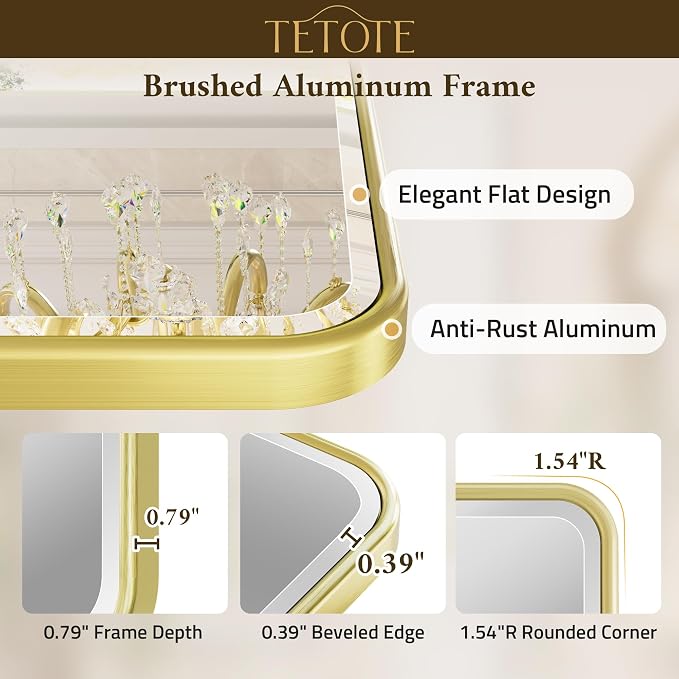 Brushed Gold Bathroom Mirror 24 x 30 Beveled Edge Tempered Glass, Rounded Corner Rectangle Bathroom Mirror for Over Sink for Modern Bathroom, Living Room, Bedroom, Entryway