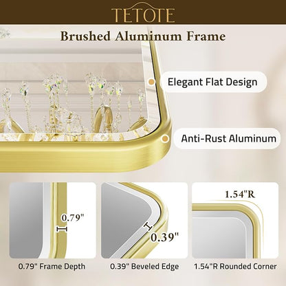 Brushed Gold Bathroom Mirror for Over Sink 24 x 36 Beveled Edge Tempered Glass, Rounded Corner Rectangle Framed Mirror for Modern Bathroom, Living Room, Bedroom, Entryway