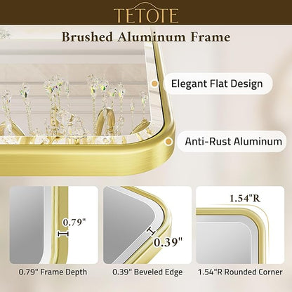 Brushed Gold Mirror 20 x 30 Beveled Edge Tempered Glass, Rounded Corner Rectangle Bathroom Mirror for Over Sink for Modern Bathroom, Living Room, Bedroom, Entryway