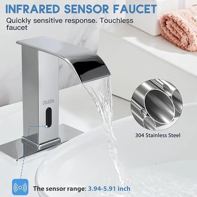 Automatic Sensor Touchless Bathroom Faucet, Modern Chrome Bathroom Faucet for Sink 1 Hole, Waterfall Single Hole Bathroom Sink Faucet Stainless Steel, Hands Free Motion Sensor Lavatory Faucet