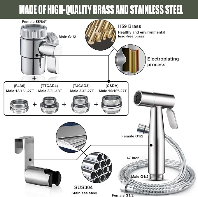 Premium Brushed Sink Faucet Handheld Bidet Sprayer for Toilet -Bidet Attachment Set for Warm & Cold Water with Dual Function, Perfect for Feminine Hygiene, Cloth Diaper,Bathroom Toilet Cleaning,etc