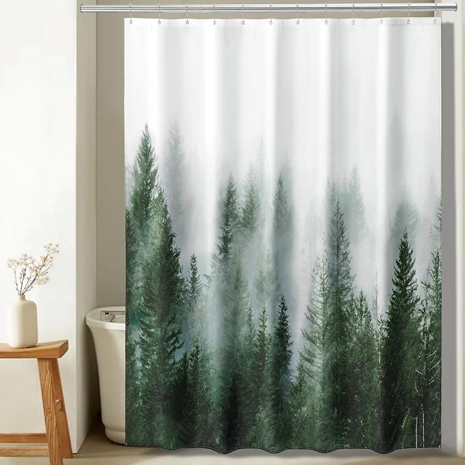 ORTIGIA 84 Inch Long Green Misty Forest Shower Curtain for Bathroom, Nature Woodland Shower Curtain Set with Hooks, Decorative Pine Tree Fog Magic Bath Curtain, Waterproof Fabric, Weighted, 72x84