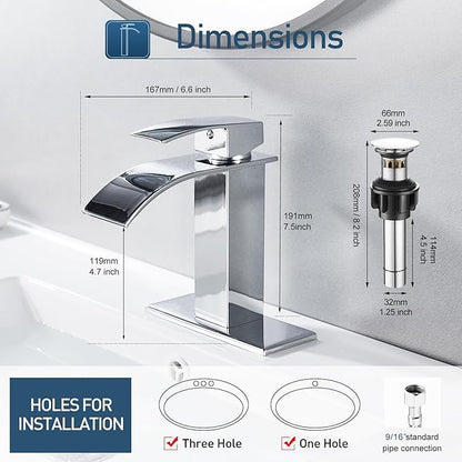 Chrome Bathroom Faucet Waterfall Single Handle Bathroom Sink Faucet with Metal Pop-up Drain, Bathroom Faucet One Hole or 3 Hole with Deck Plate
