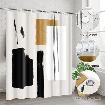 Bathroom Sets with Shower Curtain and Rugs, Boho 4 Pcs, Geometric | Minimalist Modern Abstract Art Bathroom Decor Set with Toilet Lid Cover, Non-Slip Bath Mats and Accessories 12 Hooks