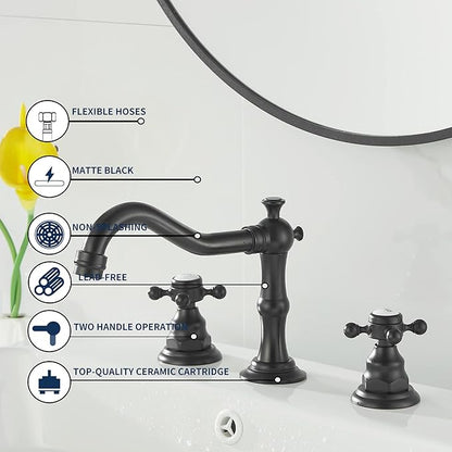 GGStudy Matte Black Bathroom Faucet 2 Handles 3 Holes Faucet 8 inch Widespread Bathroom Sink Faucet Tap Mixer Supply Hose Included Matching Metal Pop Up Drain